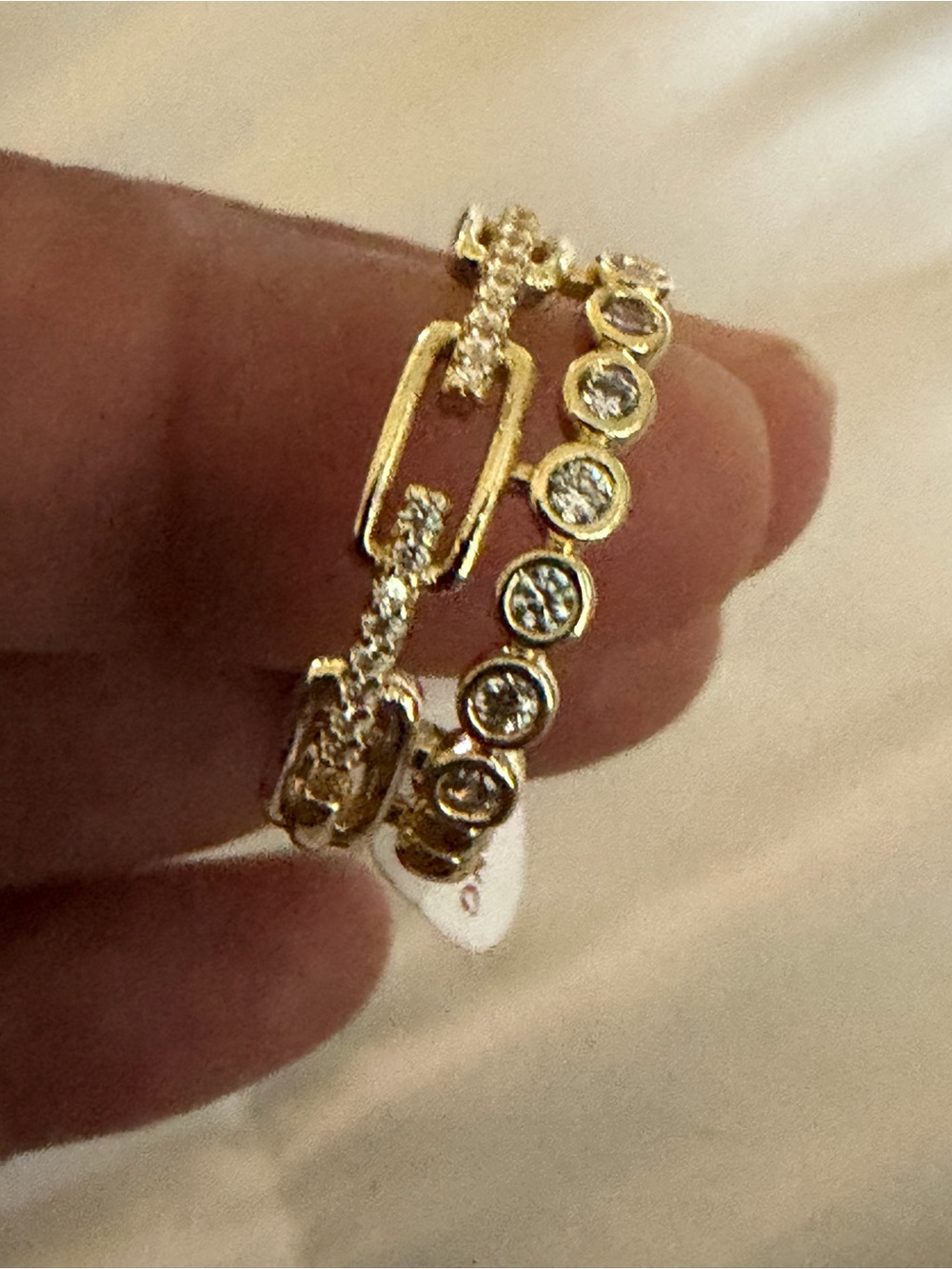Gold Crystal Link and Bezel Stackable Ring - Women Jewelry